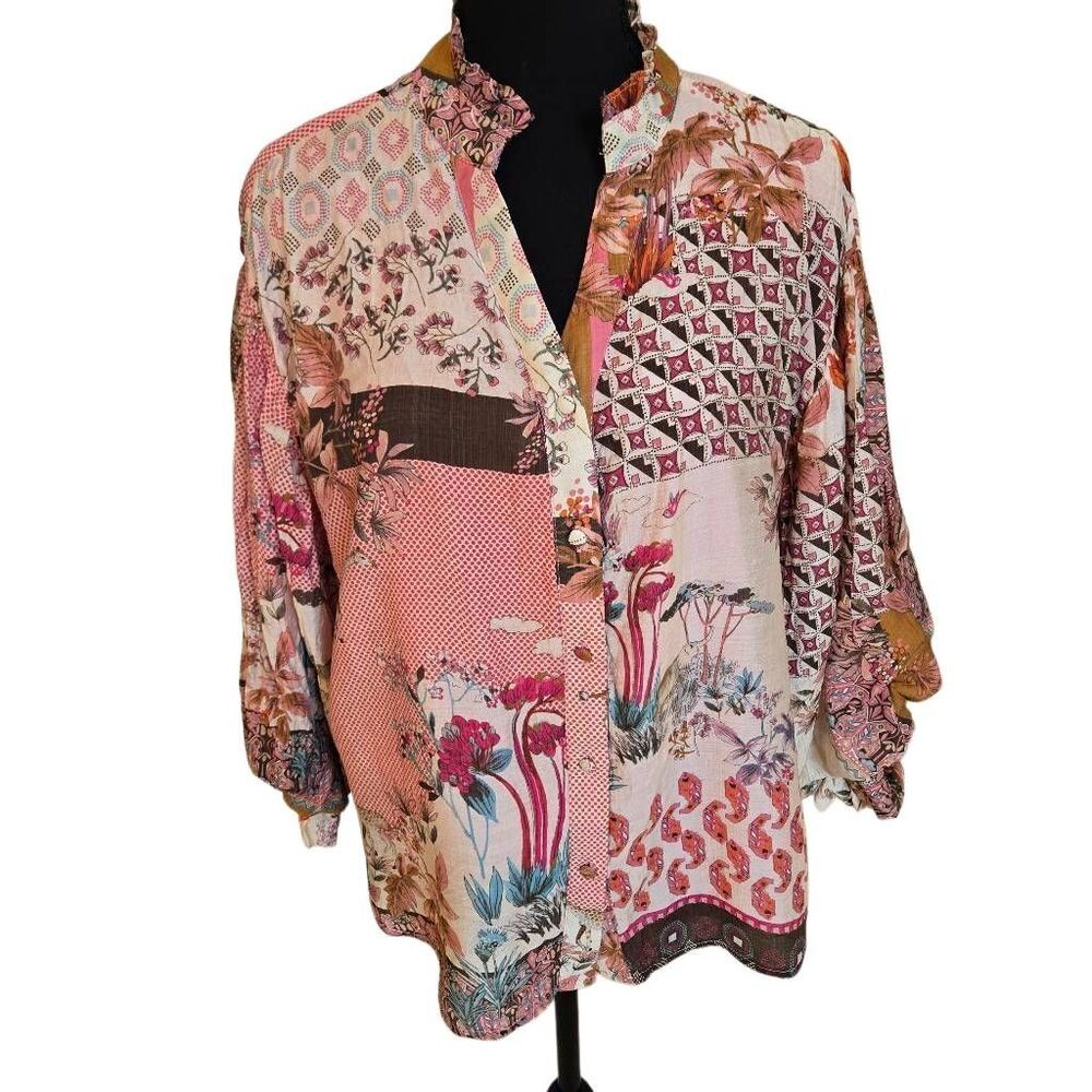 FATE Womens Boho Patchwork Print Bubble Sleeve Blouse Small